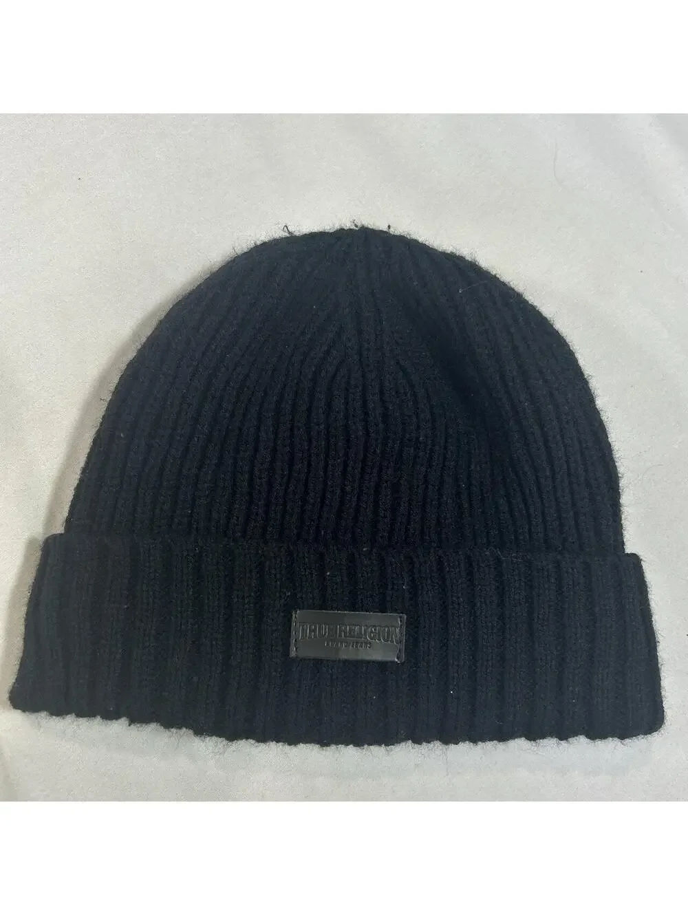 True Religion Brand Jeans Black Ribbed Logo Patch Beanie.